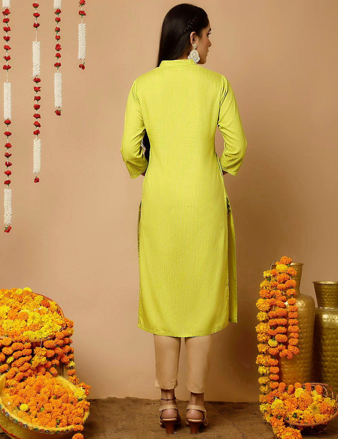 Lime Green Zari Work Striped Straight Kurta