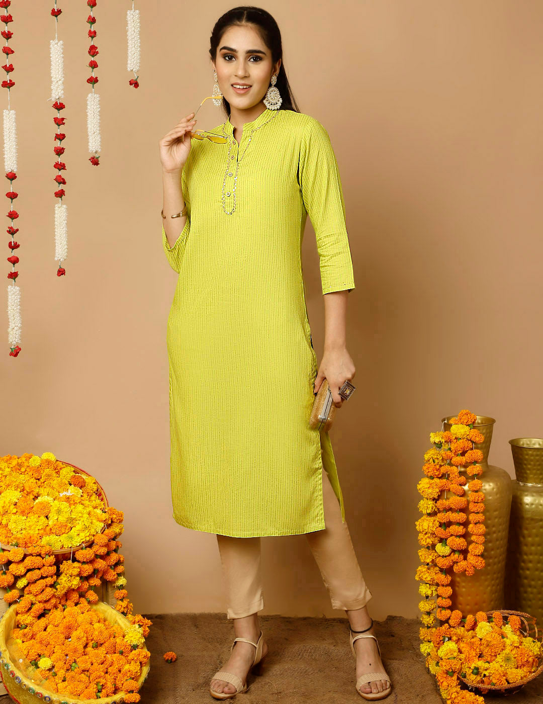 Lime Green Zari Work Striped Straight Kurta