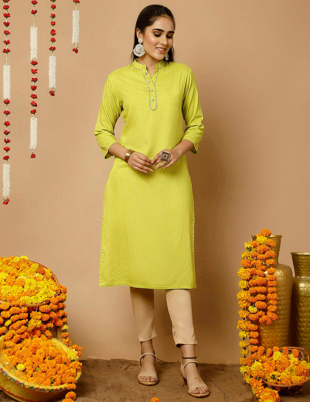 Lime Green Zari Work Striped Straight Kurta