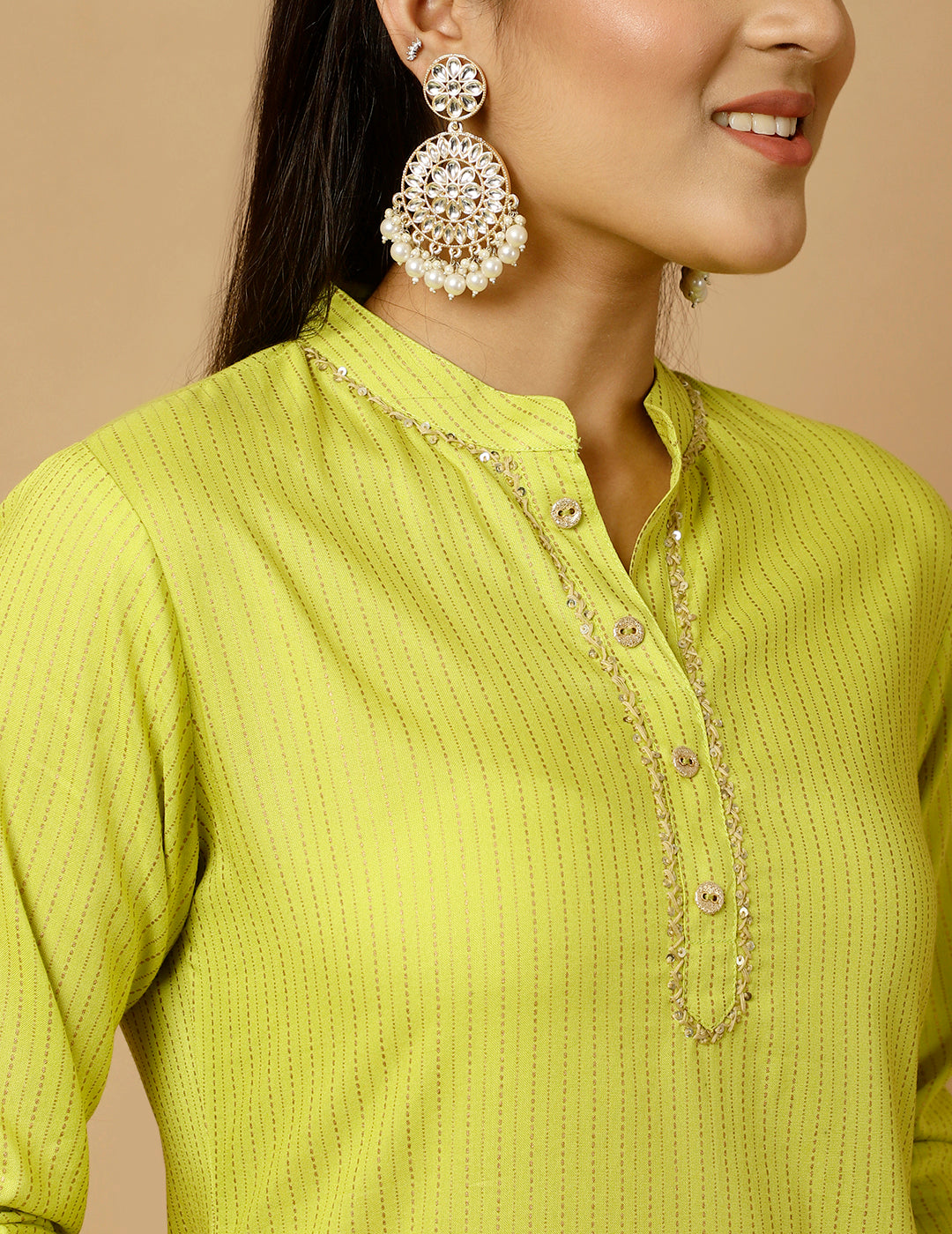 Lime Green Zari Work Striped Straight Kurta