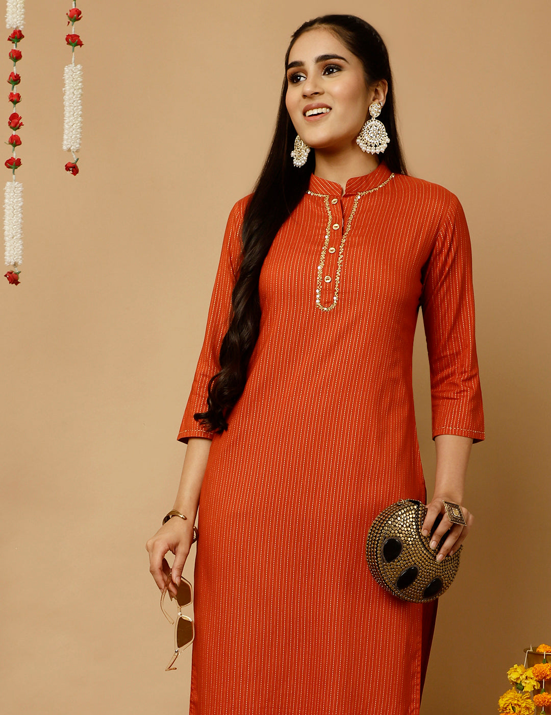 Rust Zari Work Striped Straight Kurta