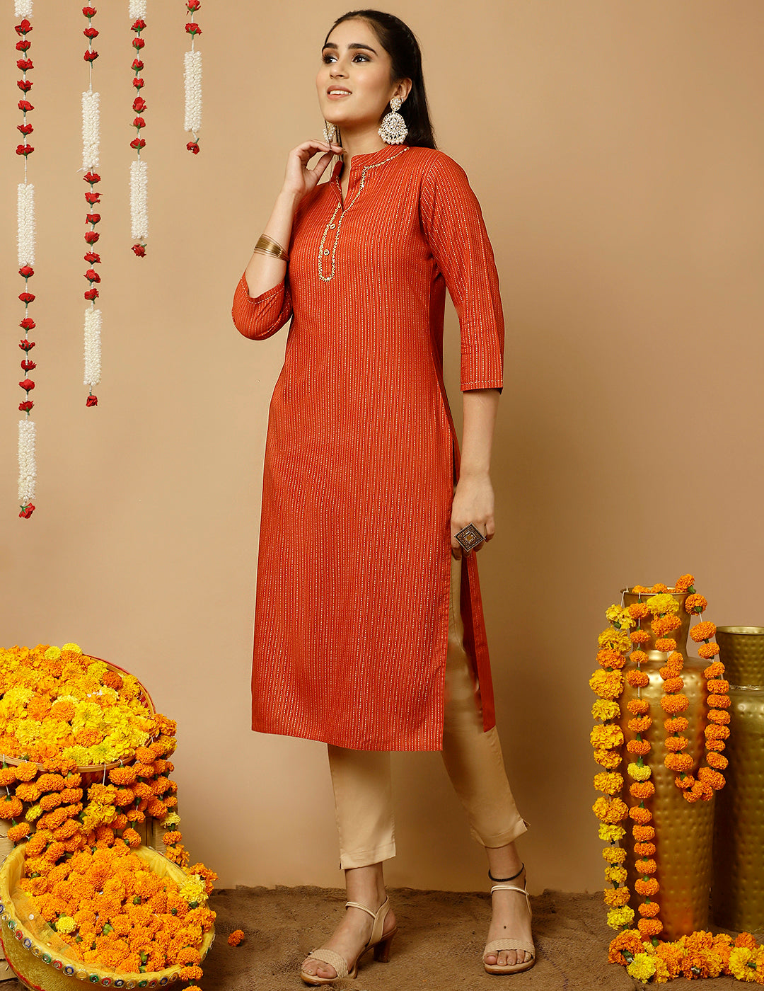 Rust Zari Work Striped Straight Kurta