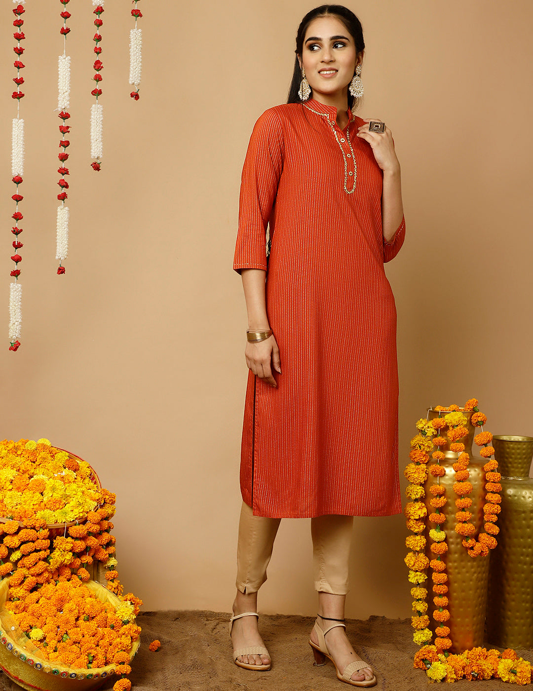 Rust Zari Work Striped Straight Kurta