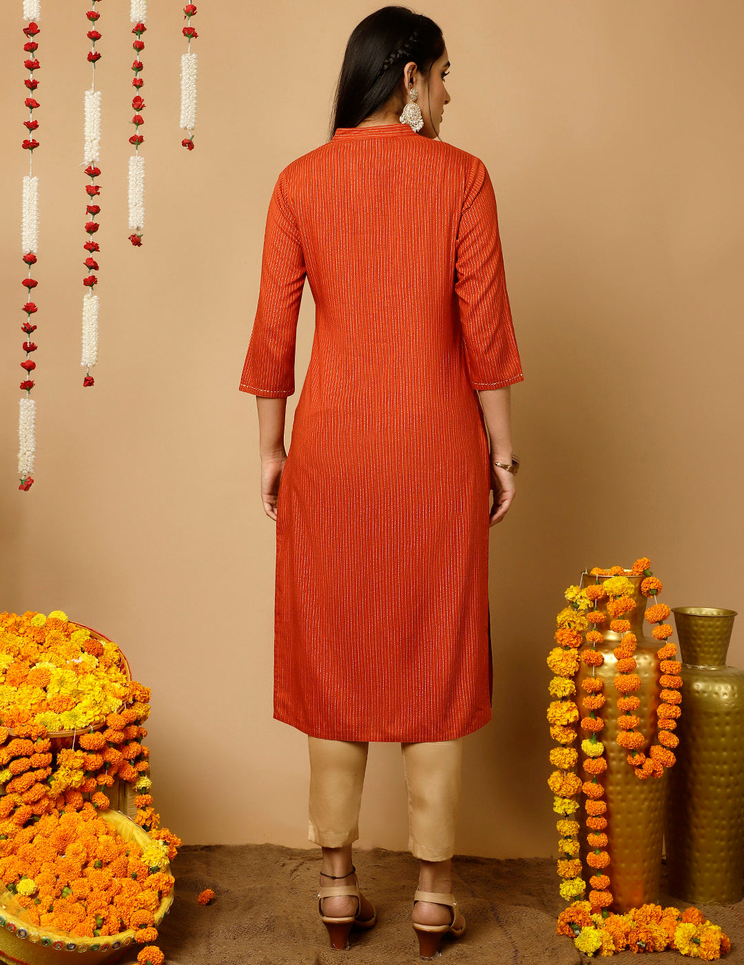 Rust Zari Work Striped Straight Kurta