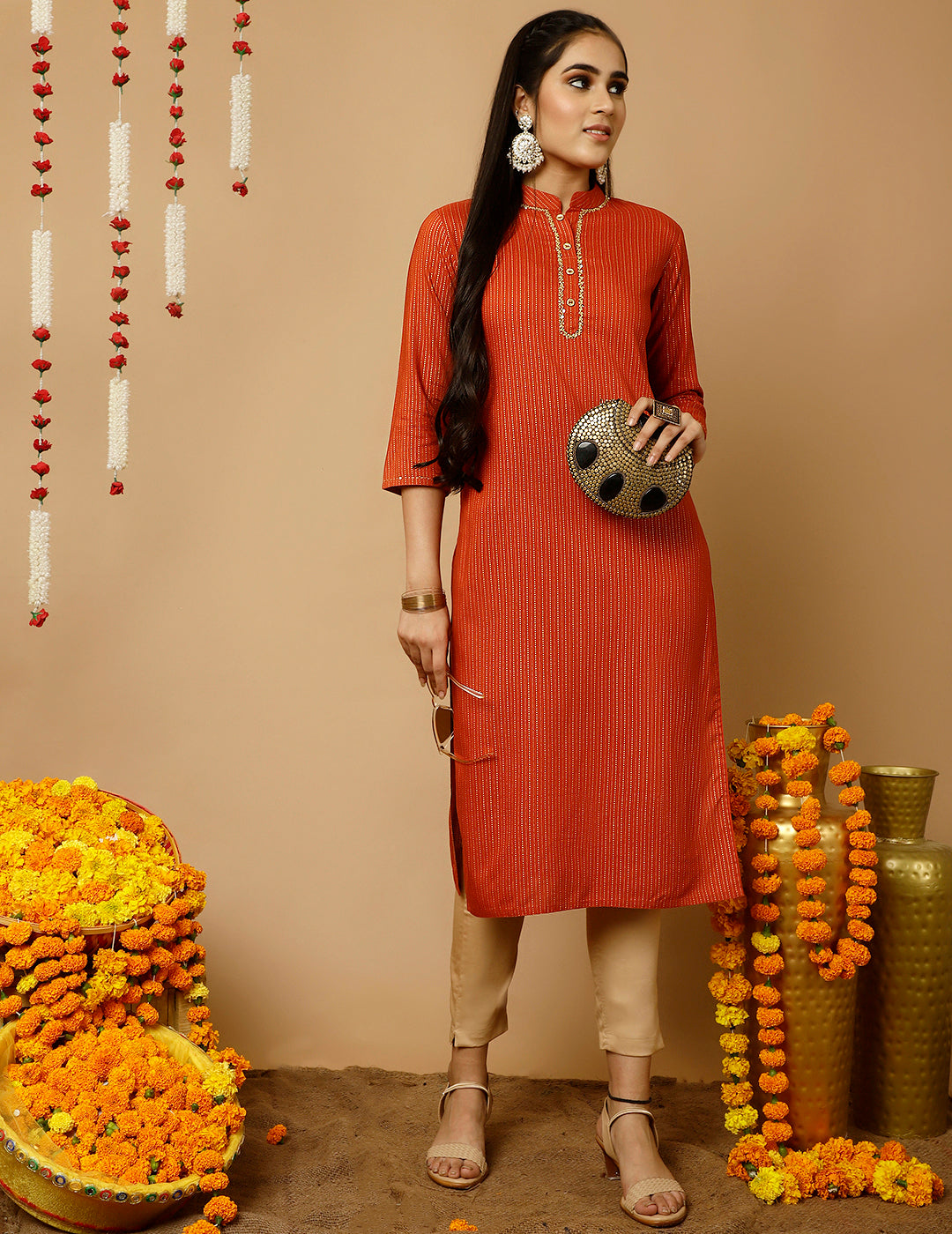 Rust Zari Work Striped Straight Kurta
