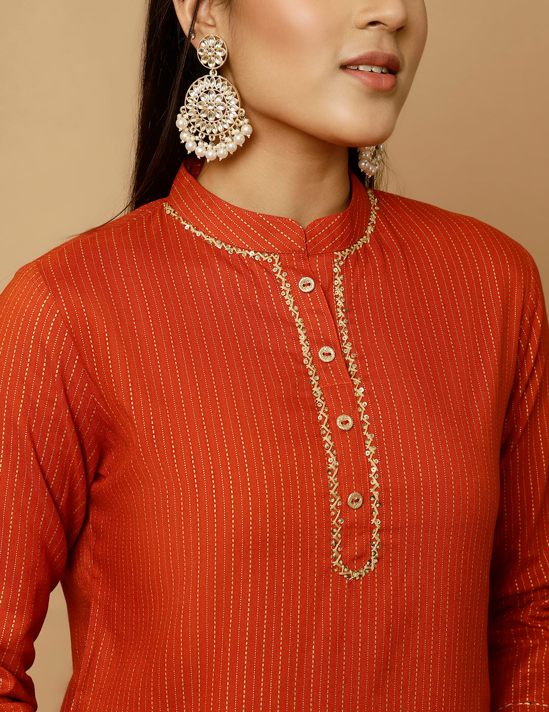 Rust Zari Work Striped Straight Kurta