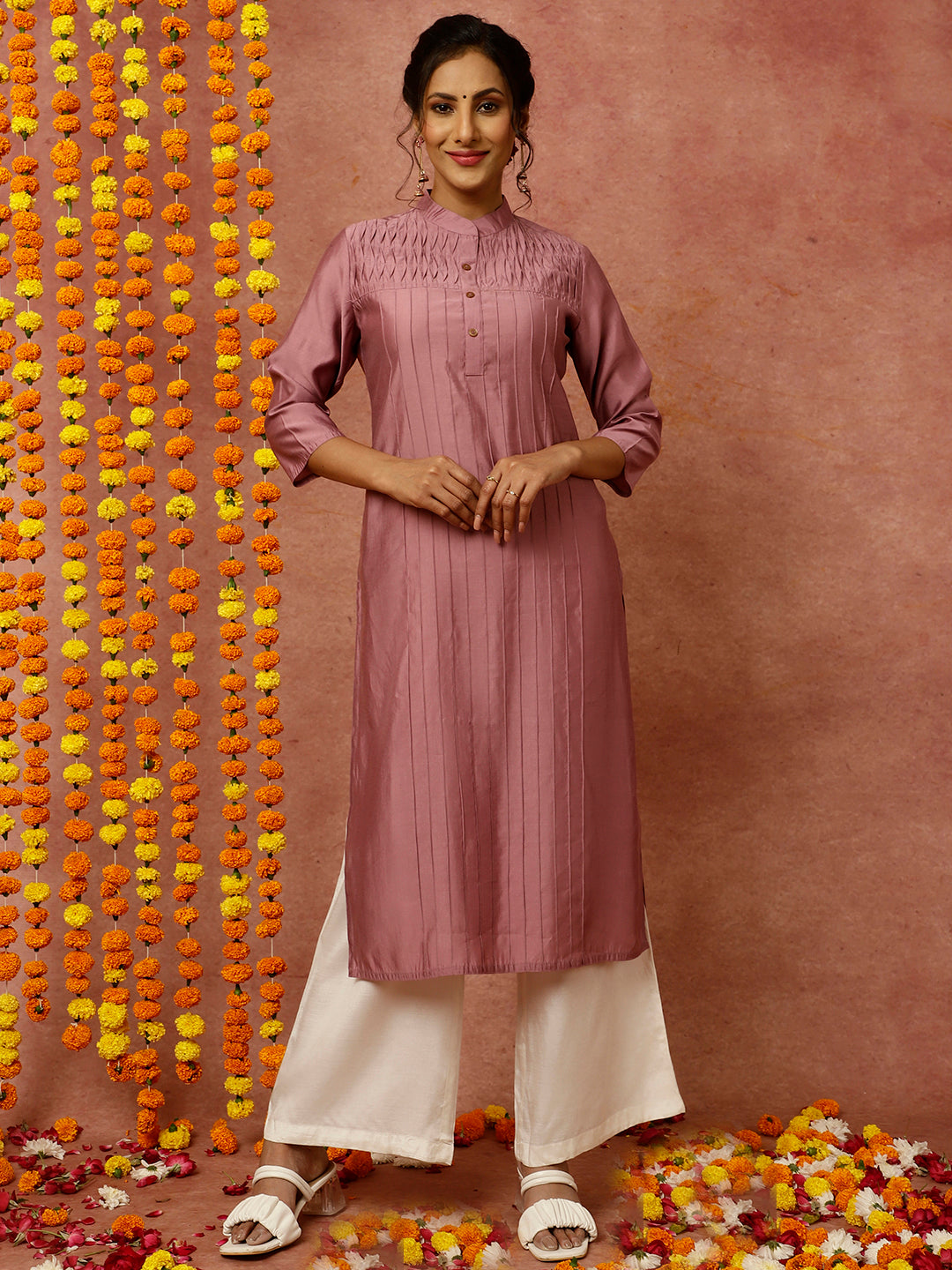 Onion Pink Pintuck Straight Kurta