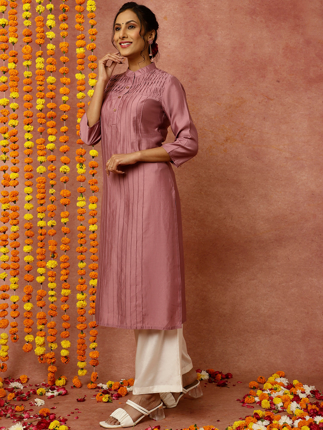 Onion Pink Pintuck Straight Kurta