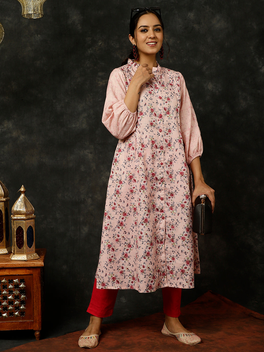 Pink Rose Printed A-line Kurta