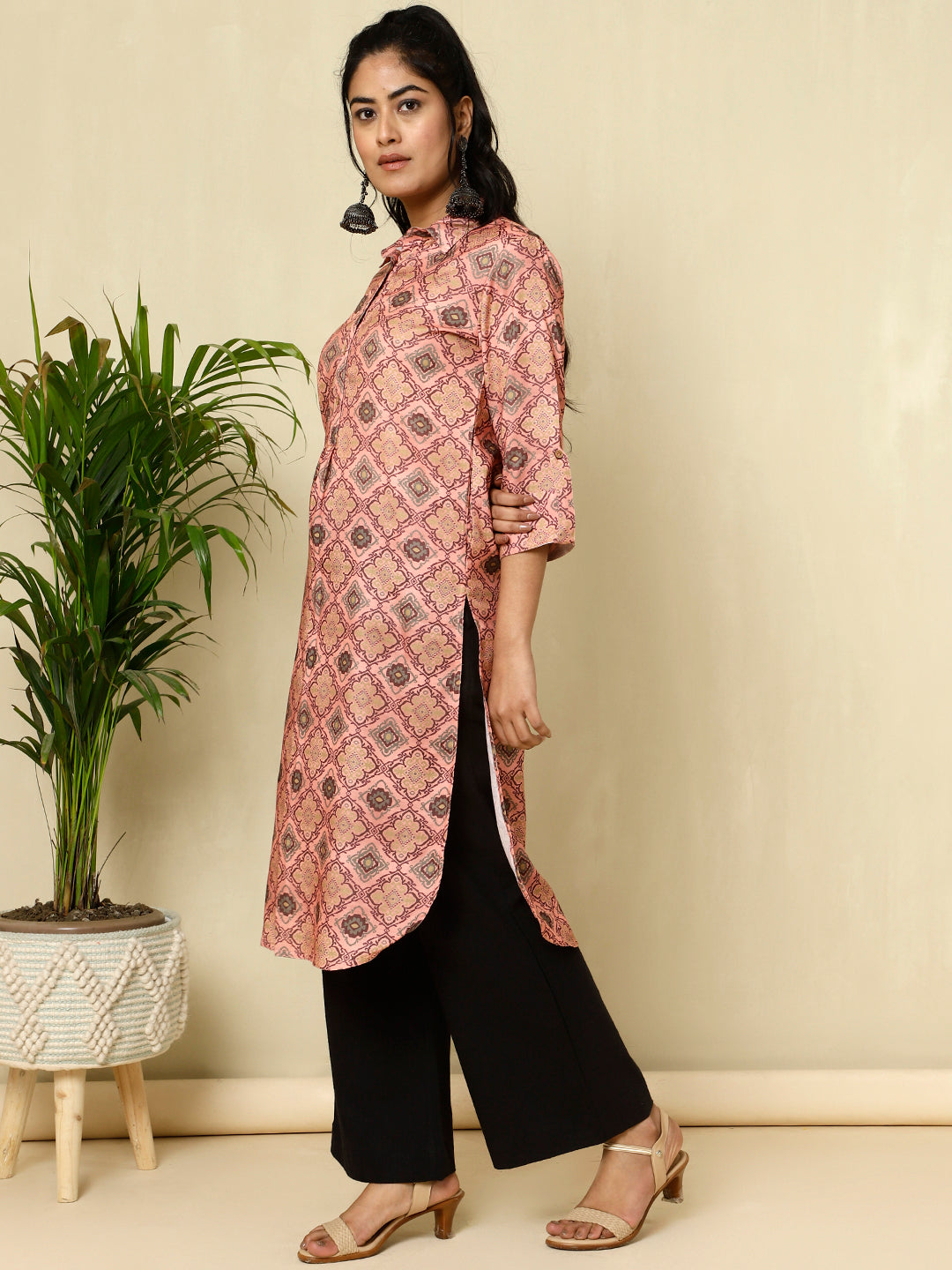 Peach Ethnic Motif Straight Kurta