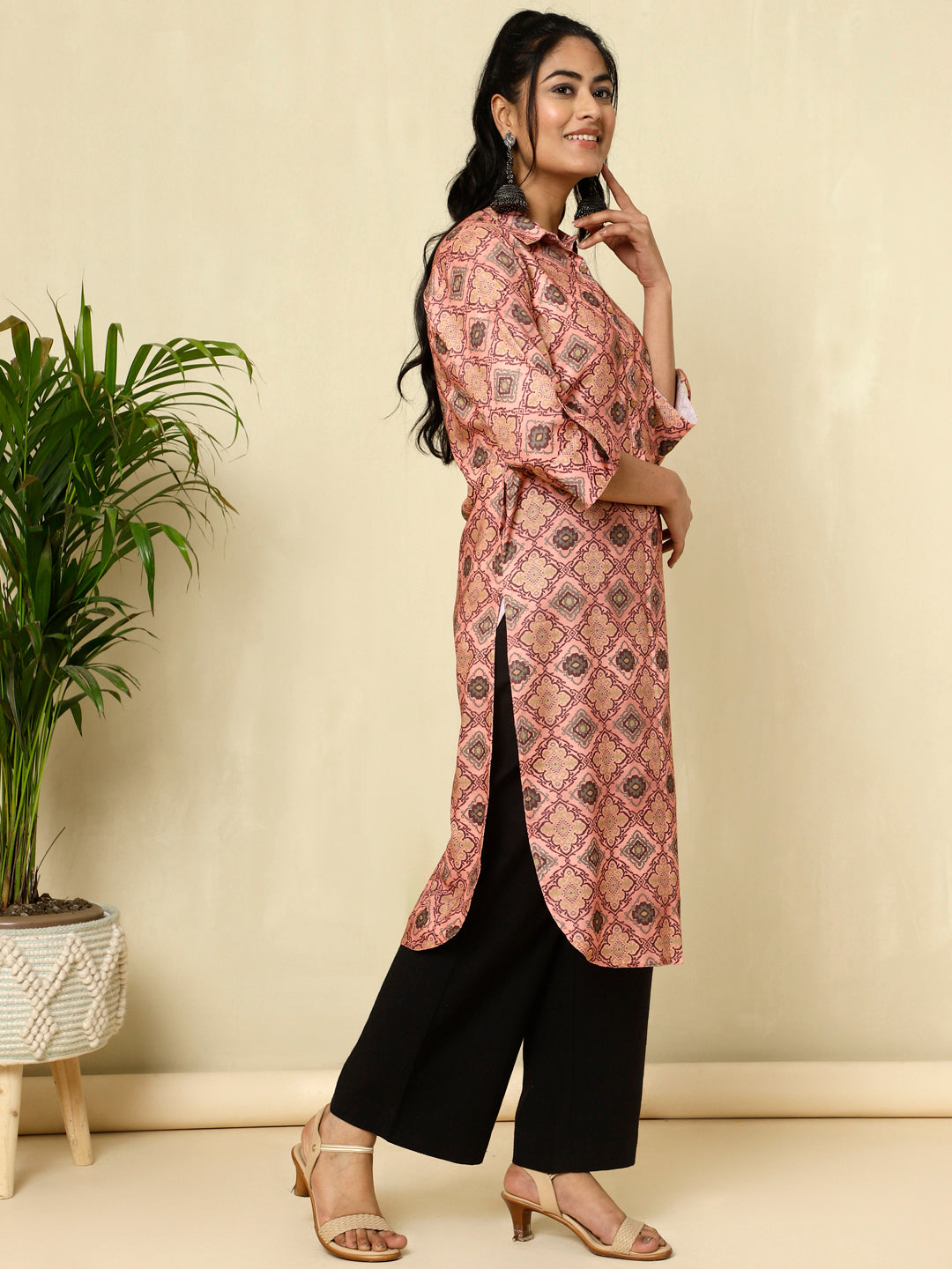 Peach Ethnic Motif Straight Kurta