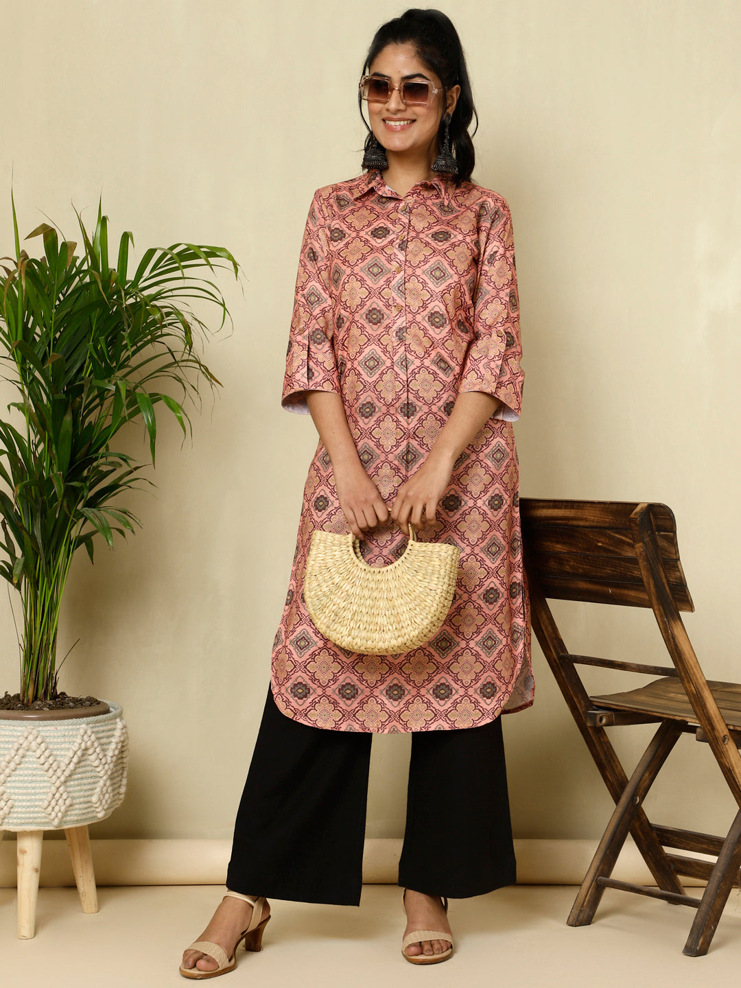Peach Ethnic Motif Straight Kurta