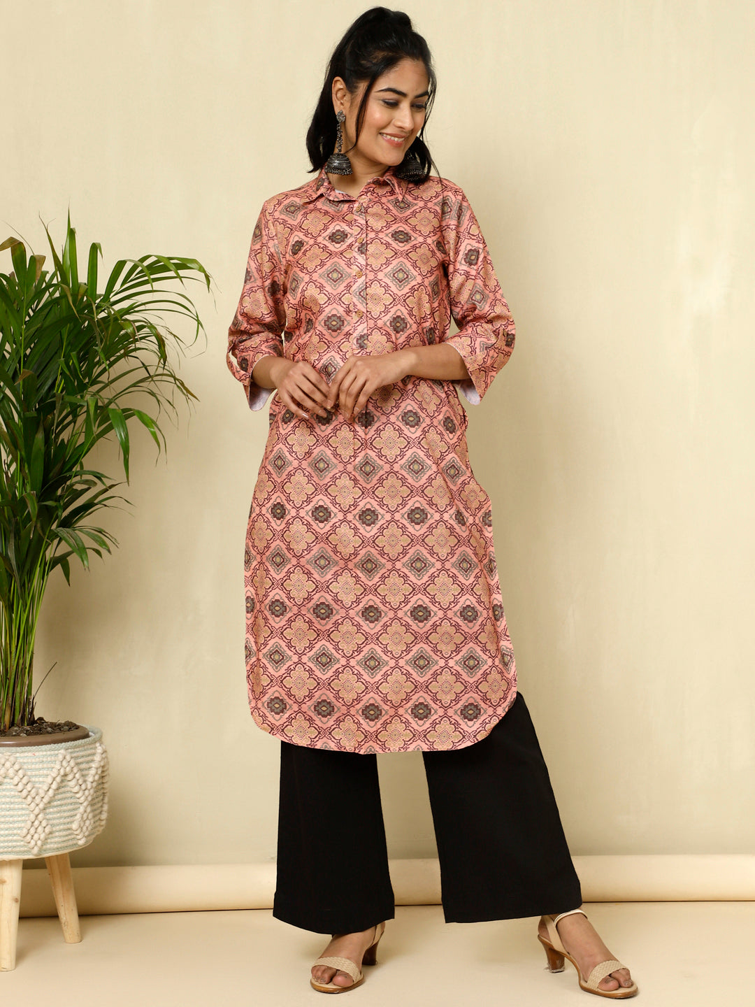 Peach Ethnic Motif Straight Kurta