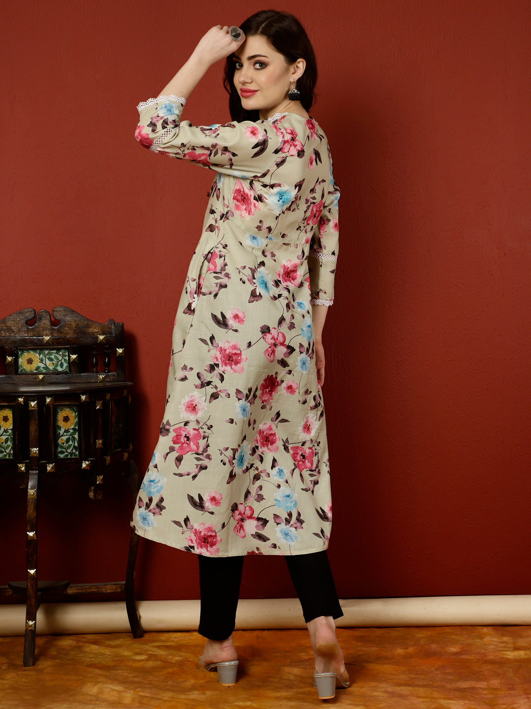 Green Floral Printed Digital Printed A-line Kurta