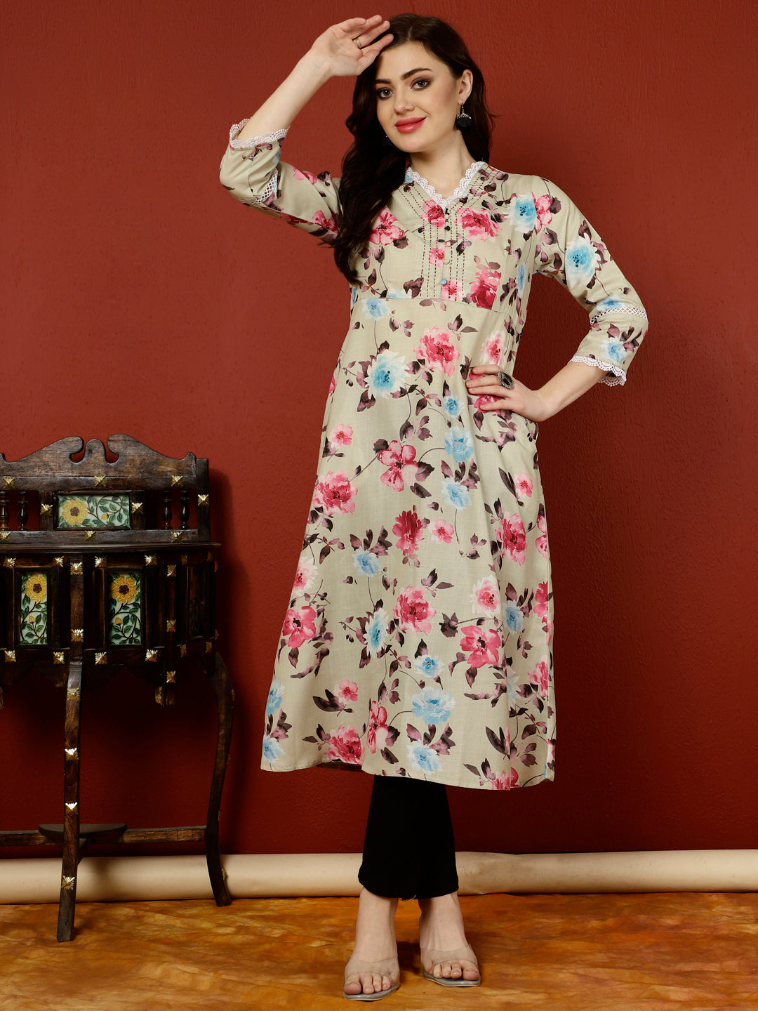 Green Floral Printed Digital Printed A-line Kurta