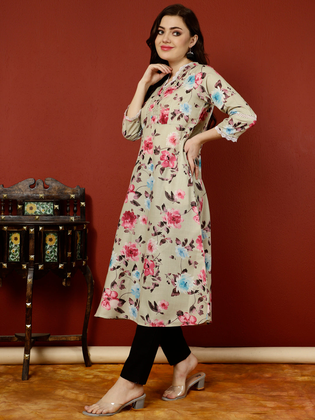 Green Floral Printed Digital Printed A-line Kurta