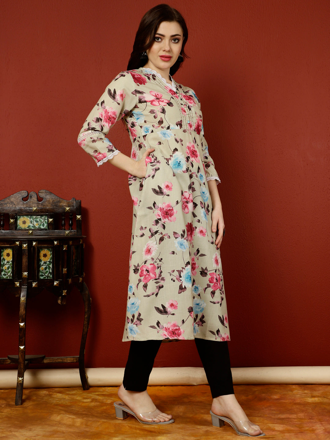 Green Floral Printed Digital Printed A-line Kurta