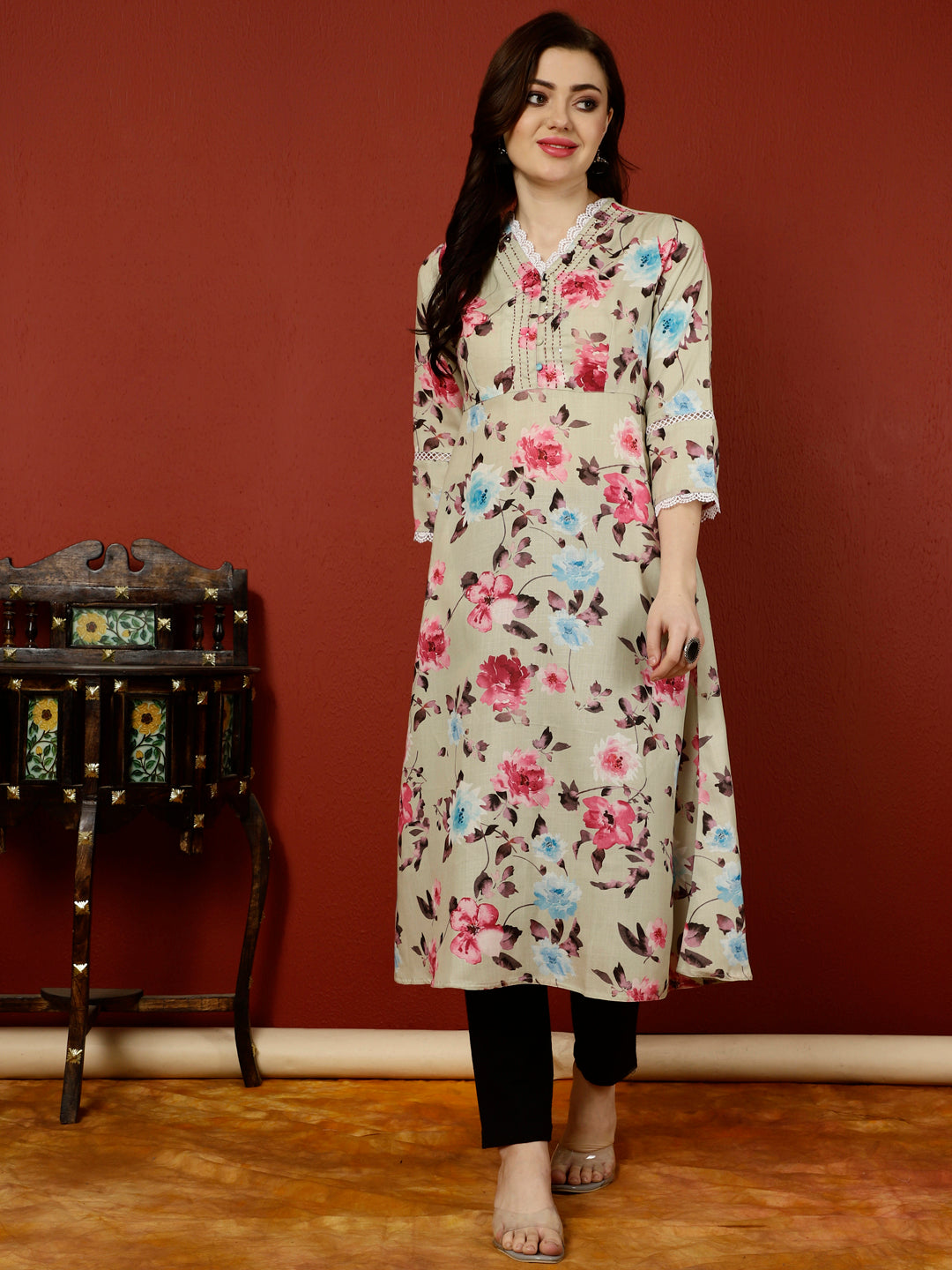 Green Floral Printed Digital Printed A-line Kurta