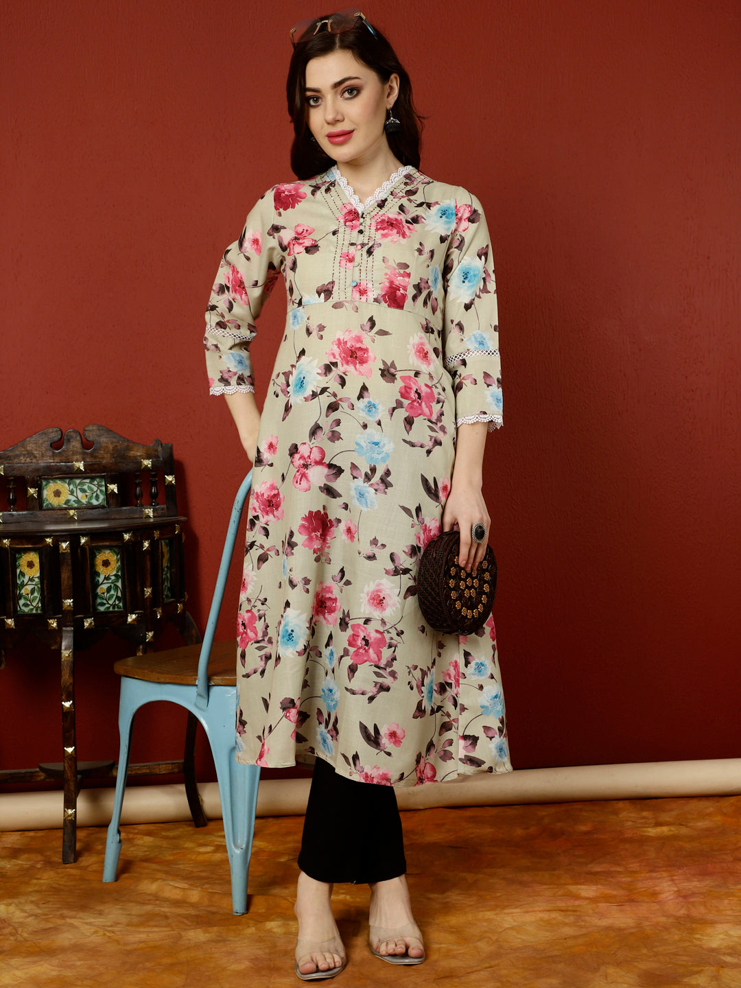 Green Floral Printed Digital Printed A-line Kurta