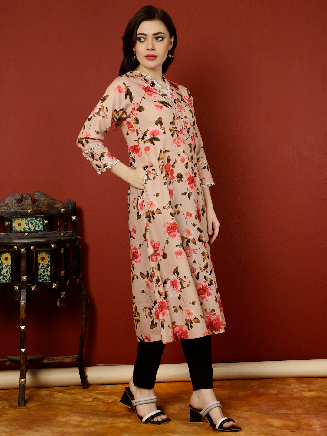 Peach Floral Printed Digital Printed A-line Kurta