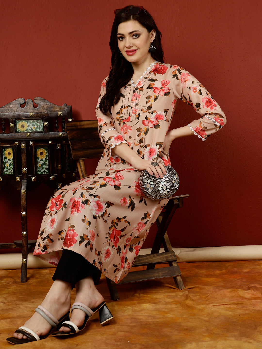 Peach Floral Printed Digital Printed A-line Kurta