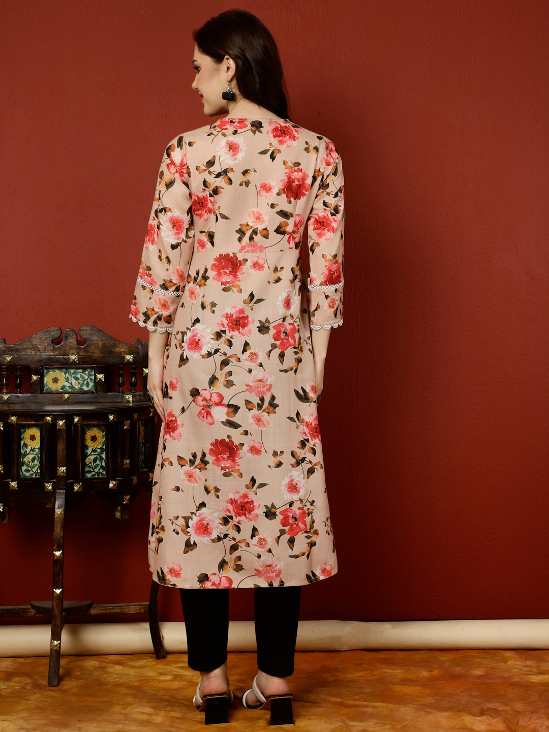 Peach Floral Printed Digital Printed A-line Kurta