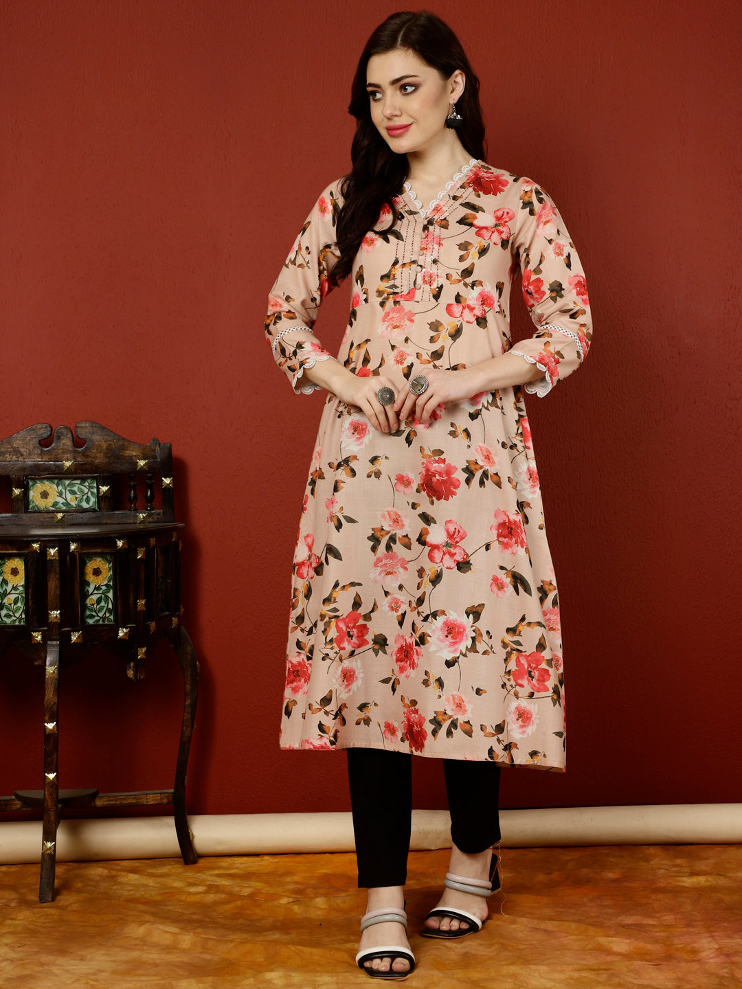 Peach Floral Printed Digital Printed A-line Kurta