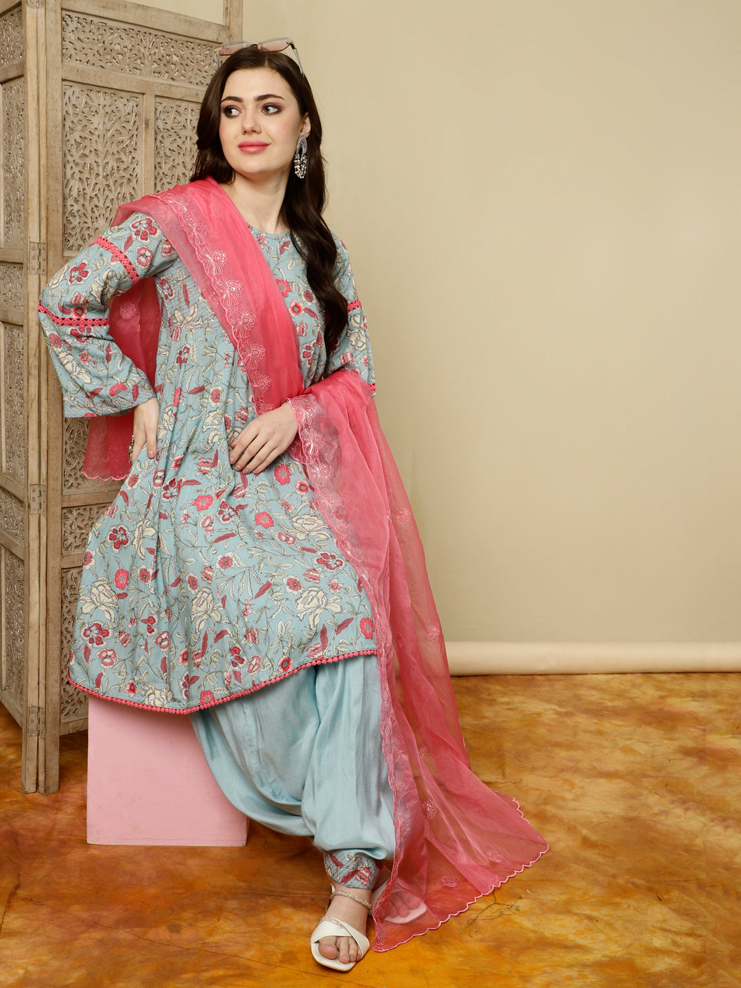 Blue Floral Printed Pakistani Kurta With Salwar And Dupatta