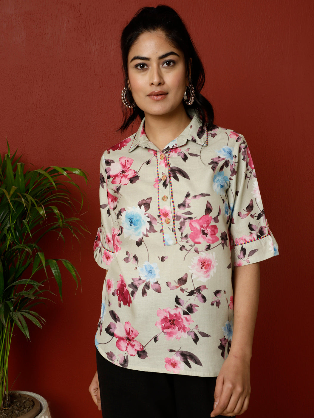 Green Floral Printed Linen Blend Top