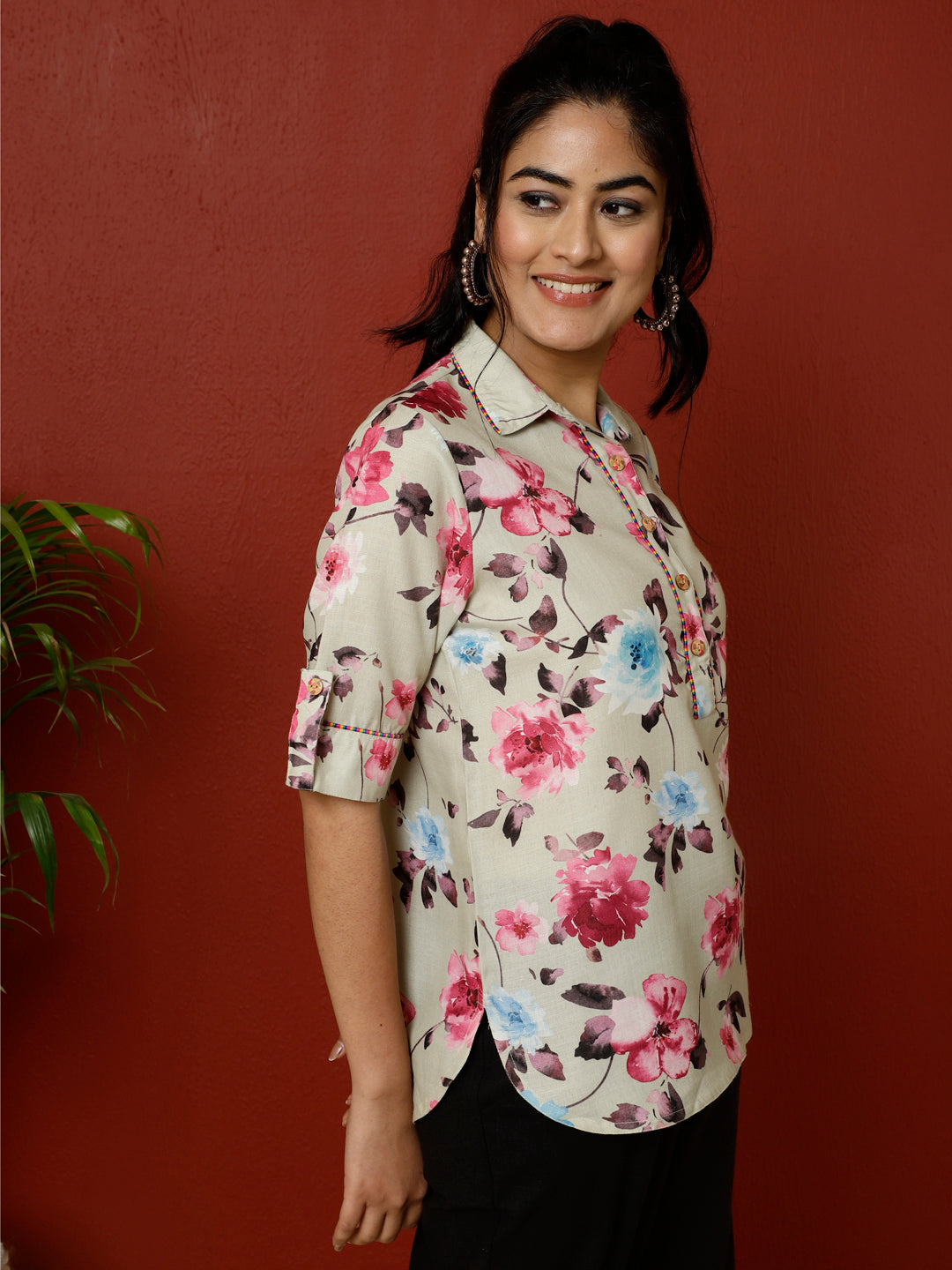 Green Floral Printed Linen Blend Top