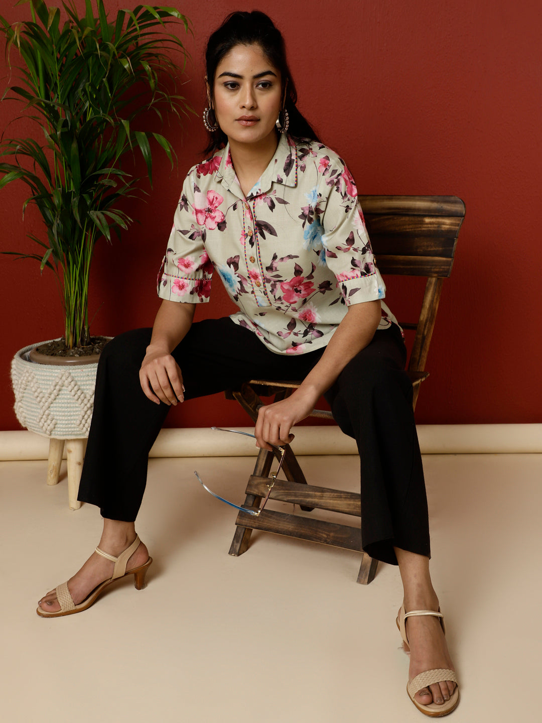 Green Floral Printed Linen Blend Top