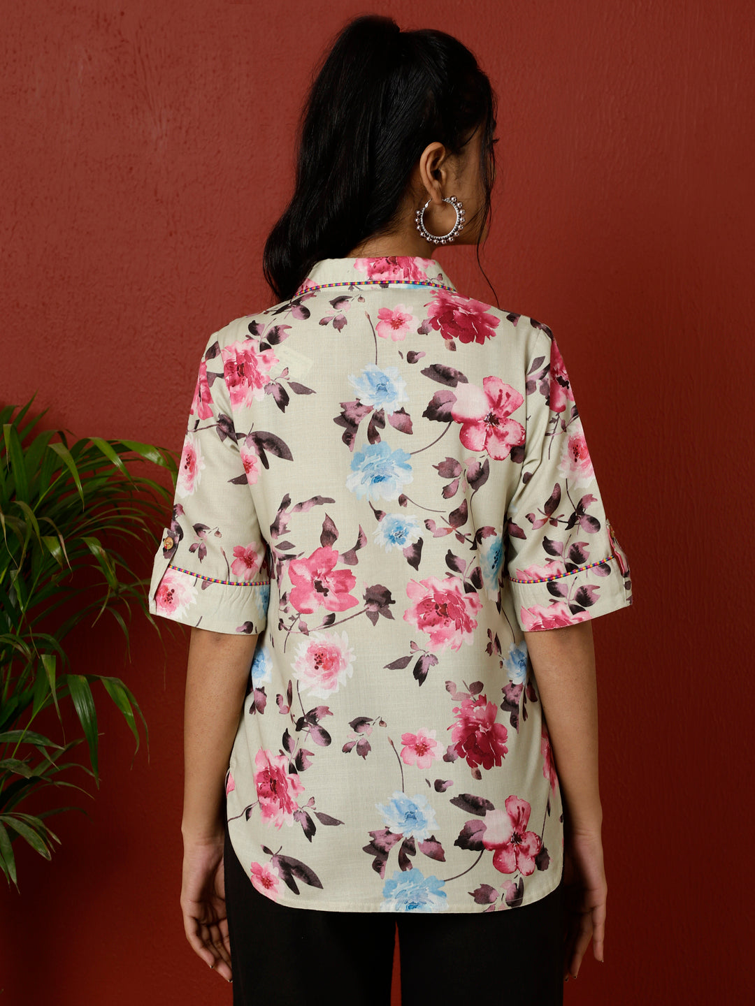 Green Floral Printed Linen Blend Top