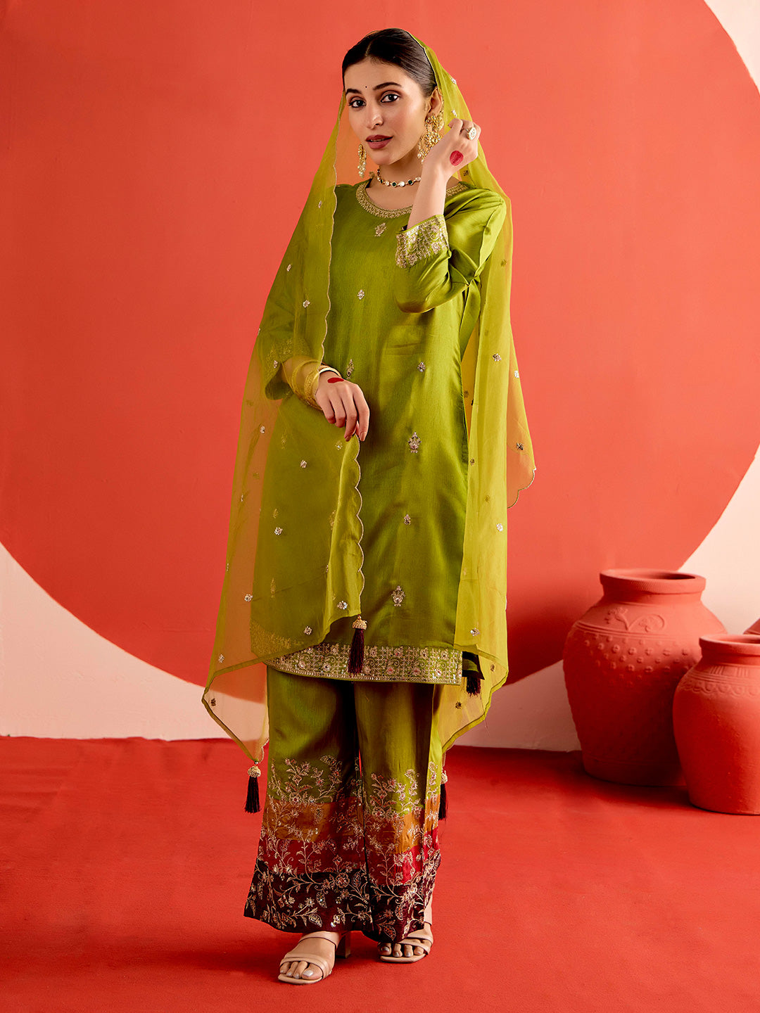 Floral Embroidered Straight Chanderi Silk Kurta & Trousers Sets