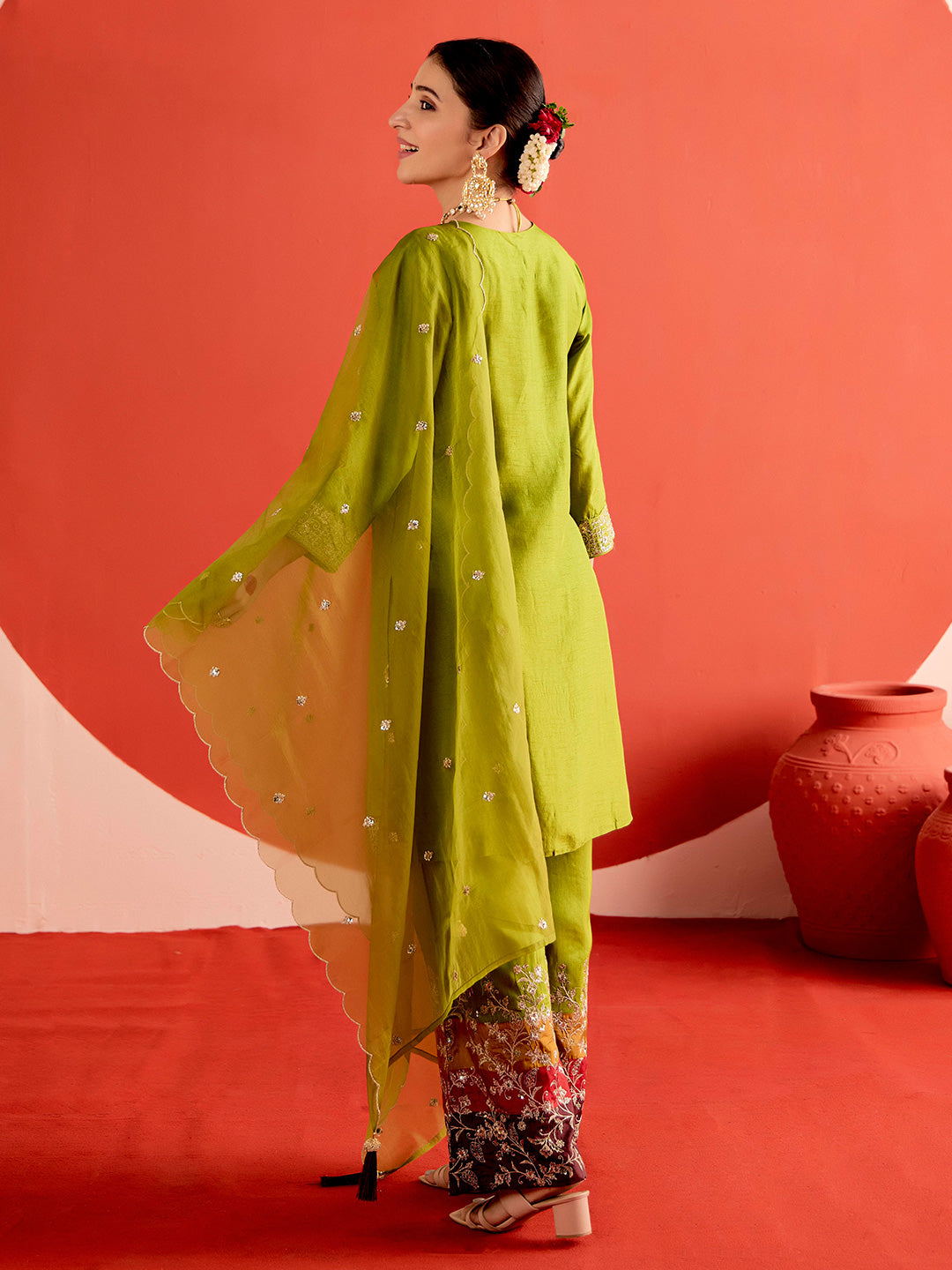 Floral Embroidered Straight Chanderi Silk Kurta & Trousers Sets