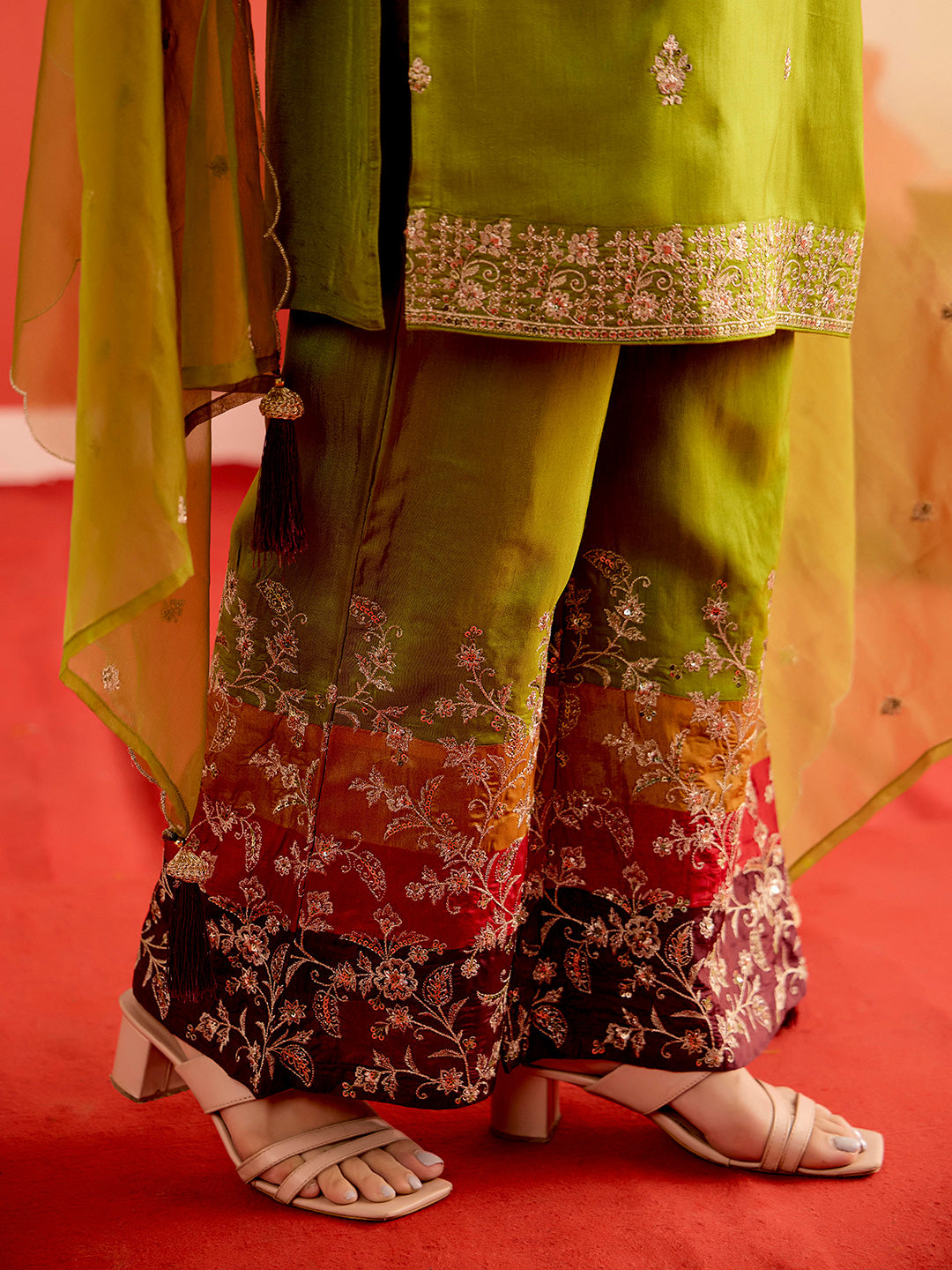 Floral Embroidered Straight Chanderi Silk Kurta & Trousers Sets