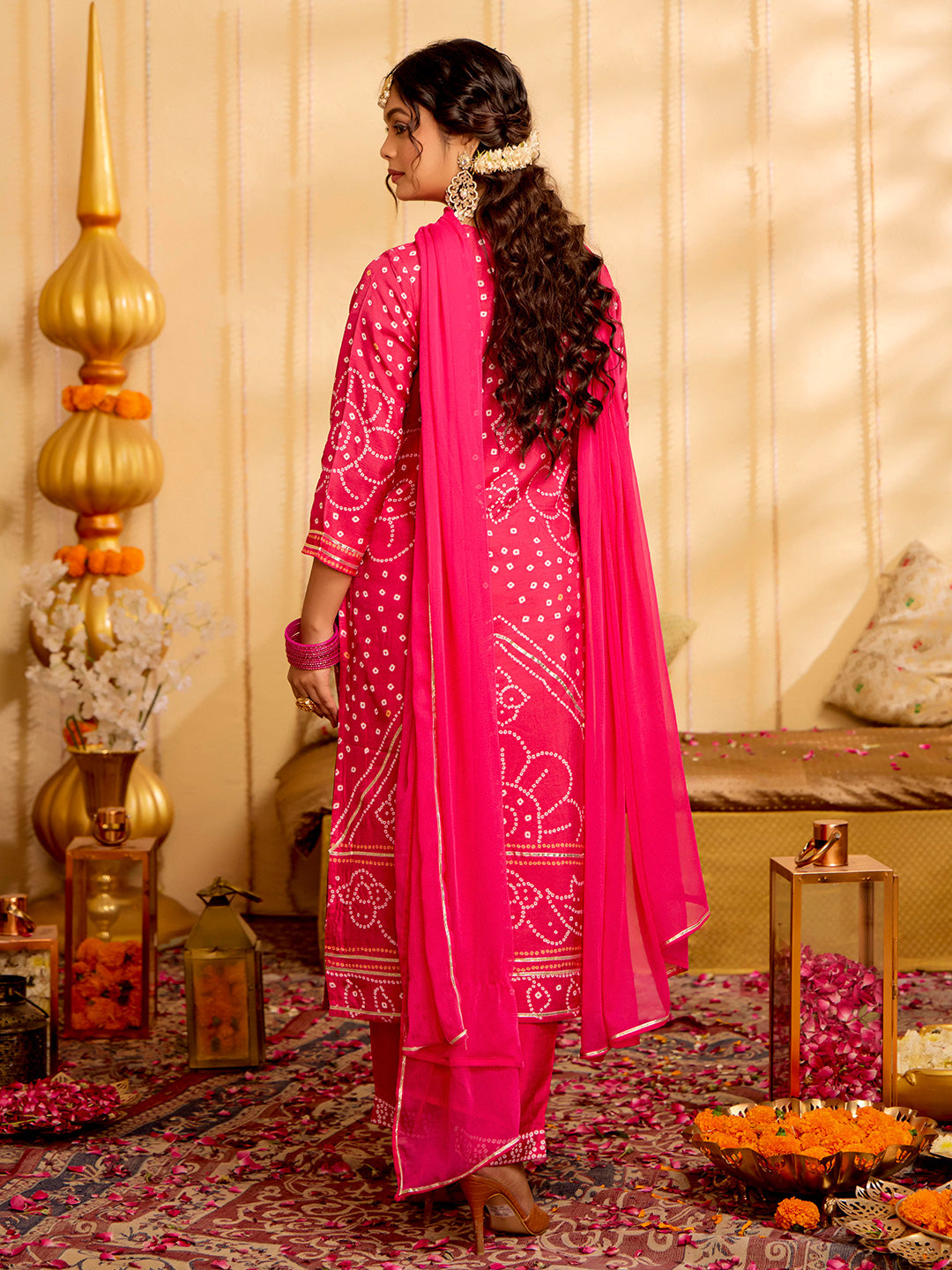 Bandhani Embroidered Straight Art Silk Kurta & Trousers Sets