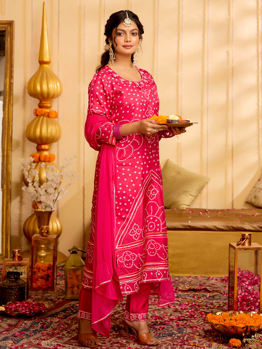 Bandhani Embroidered Straight Art Silk Kurta & Trousers Sets