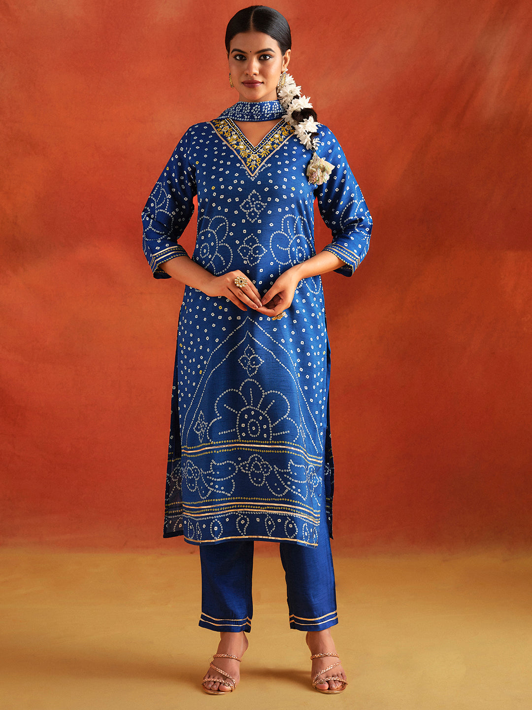 Blue Bandhani Printed Festive Kurta Set With Dupatta