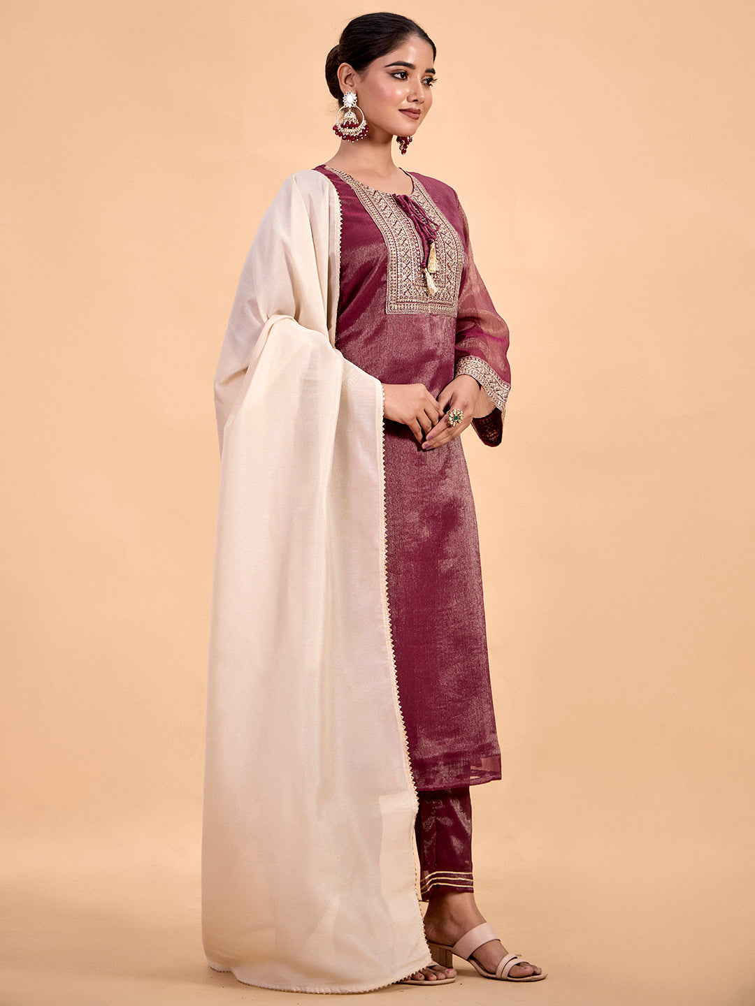 Zari Embroidered Tissue Silk Festive Kurta Set With Dupatta