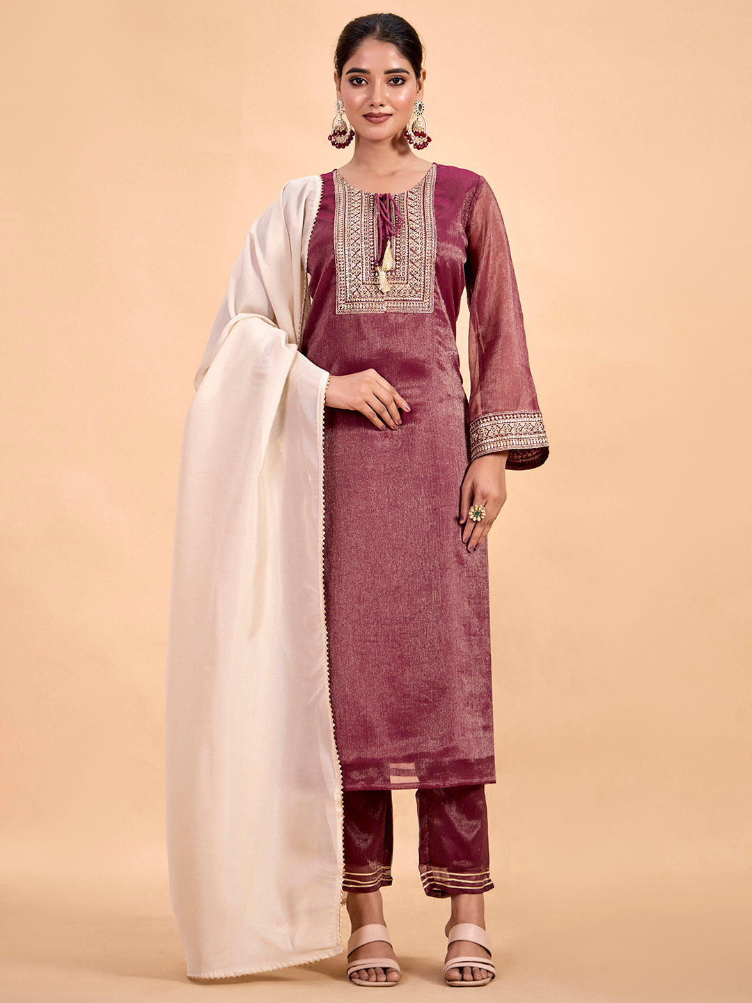 Zari Embroidered Tissue Silk Festive Kurta Set With Dupatta