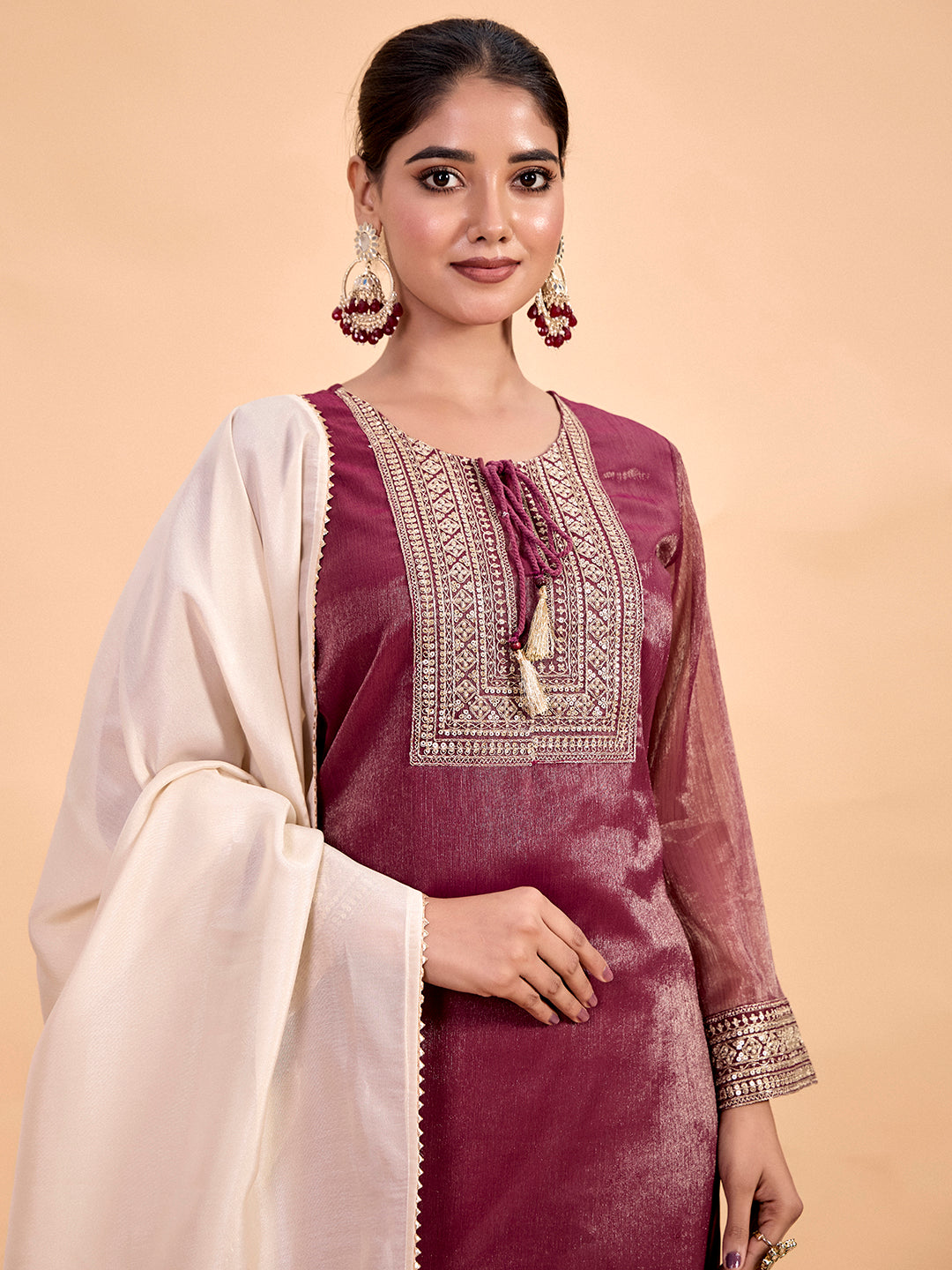 Zari Embroidered Tissue Silk Festive Kurta Set With Dupatta