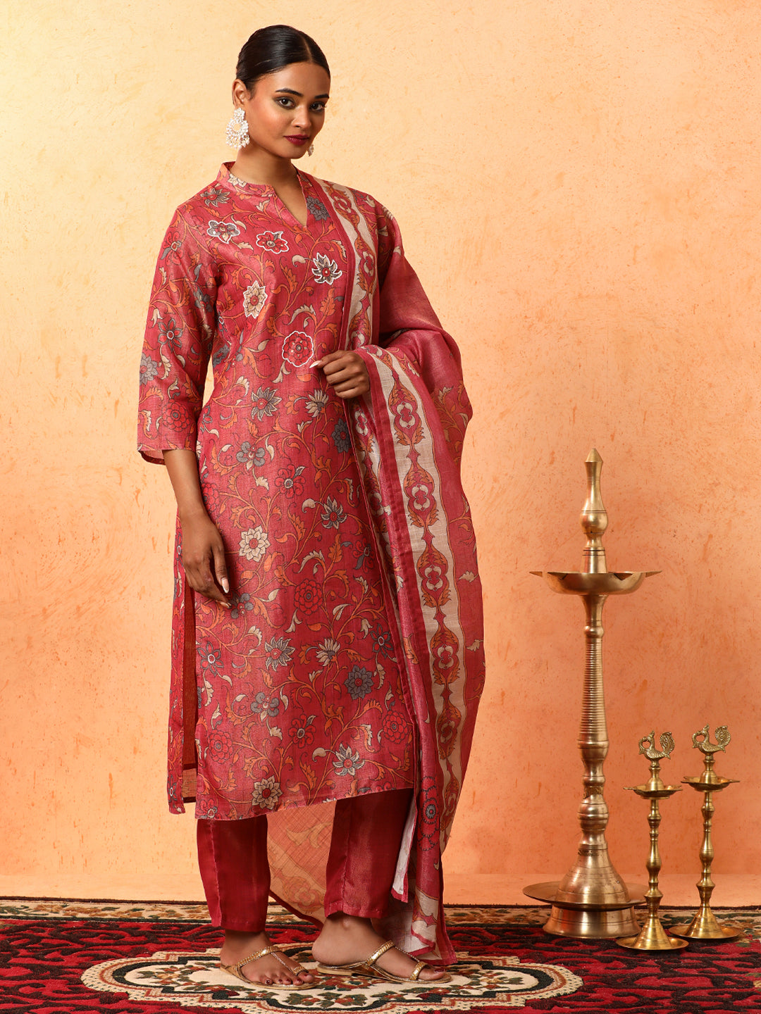 Floral Embroidered A-Line Silk Blend Kurta & Trousers Sets