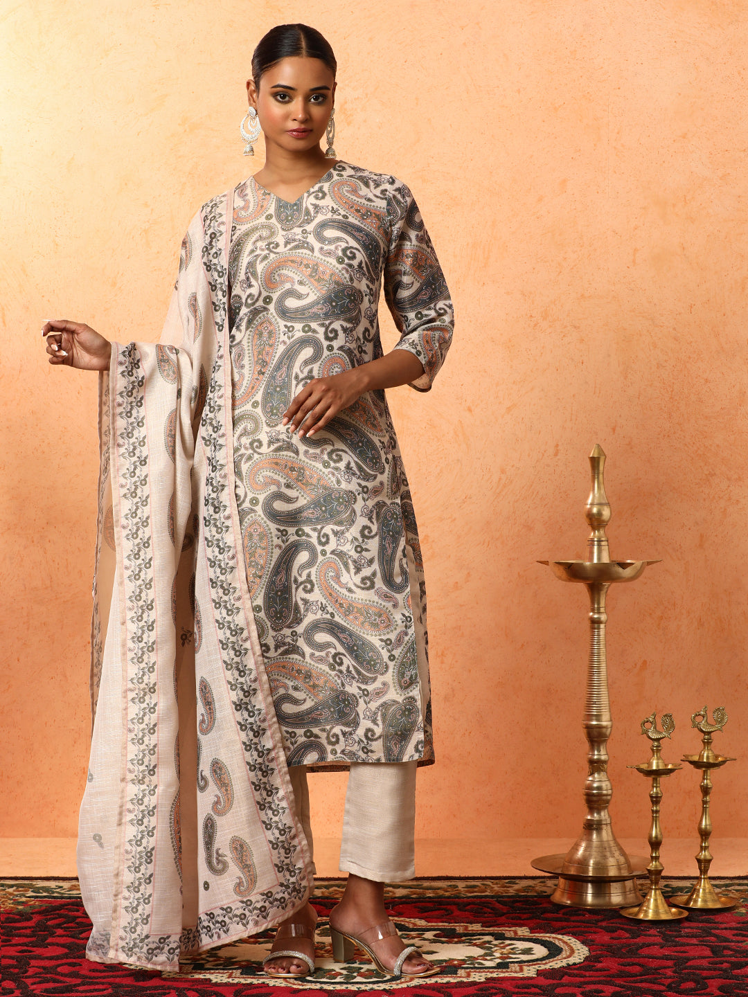 Floral Embroidered A-Line Silk Blend Kurta & Trousers Sets