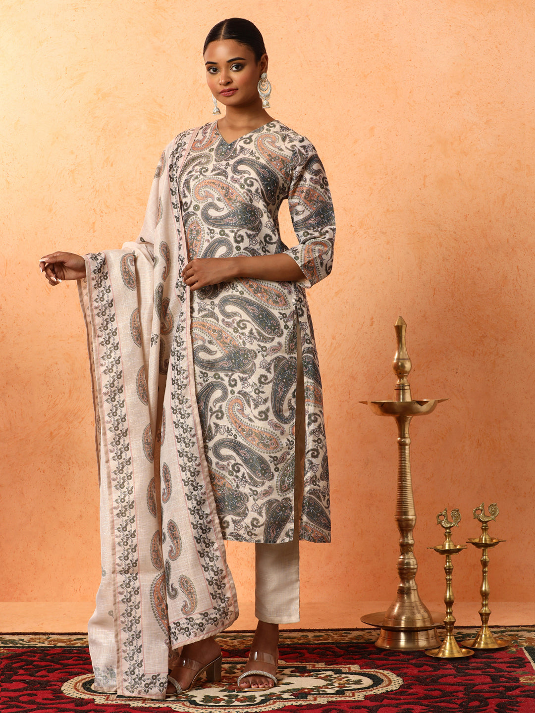 Floral Embroidered A-Line Silk Blend Kurta & Trousers Sets