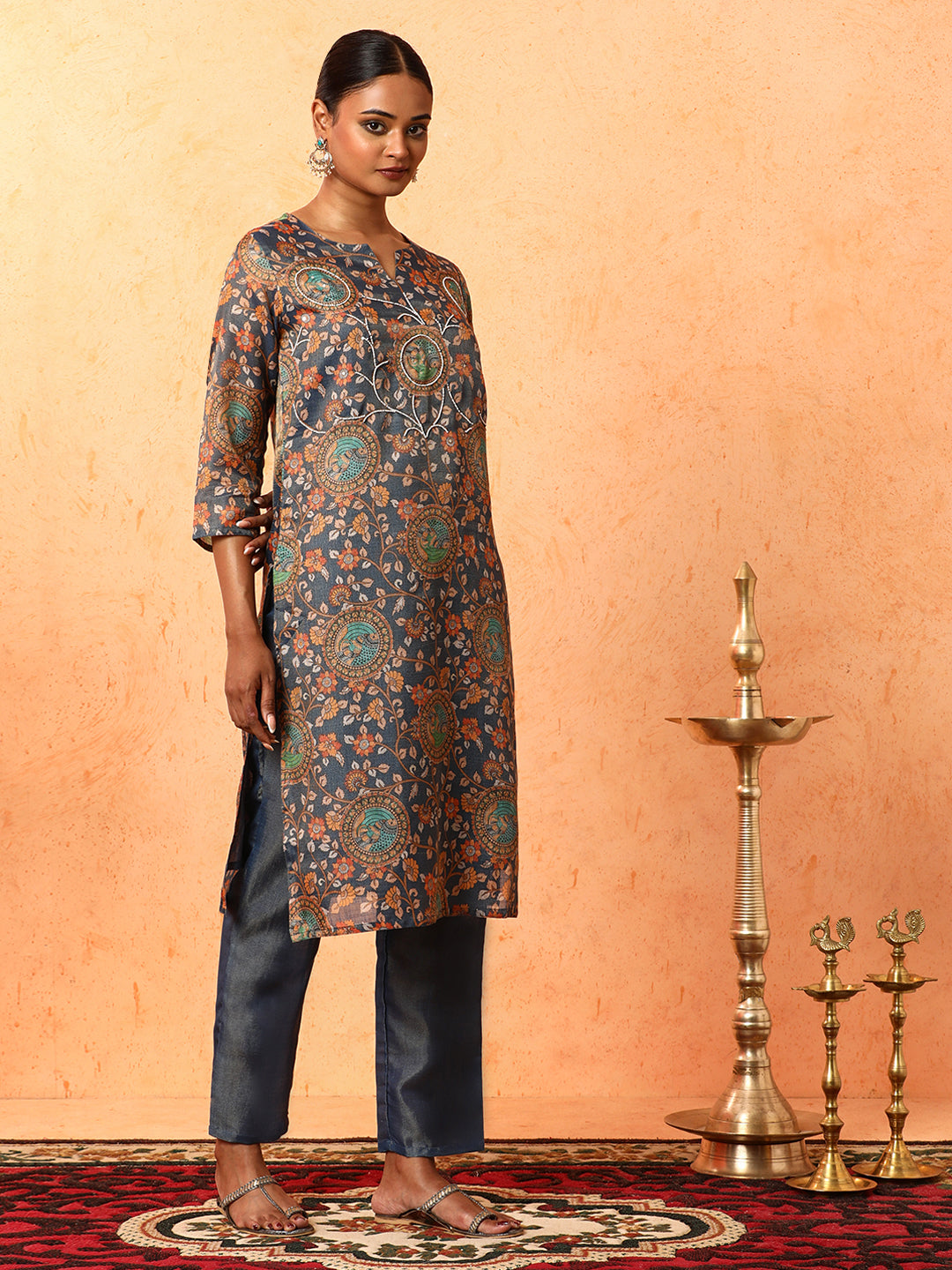 Floral Embroidered A-Line Silk Blend Kurta & Trousers Sets