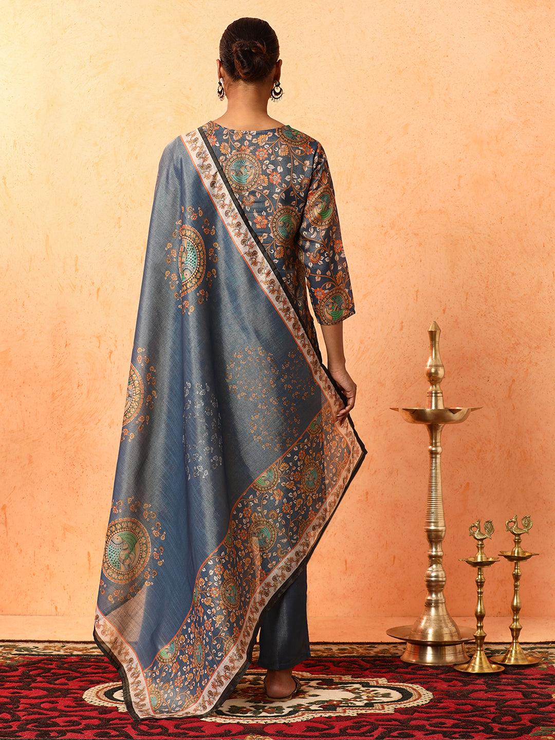 Floral Embroidered A-Line Silk Blend Kurta & Trousers Sets