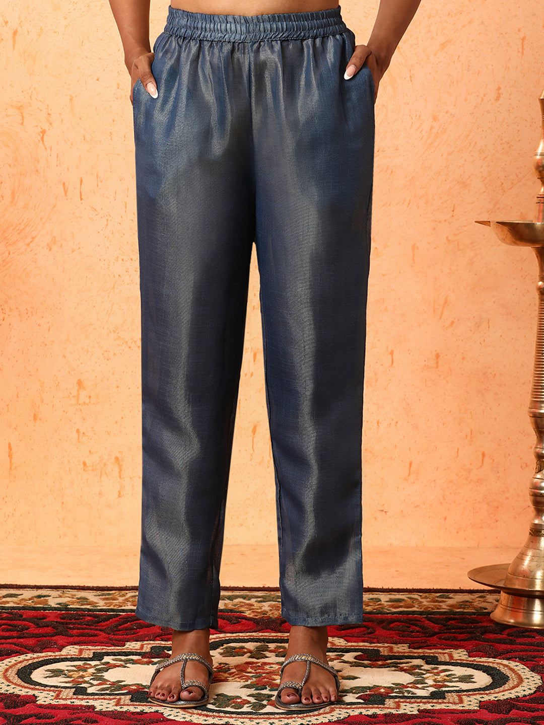 Floral Embroidered A-Line Silk Blend Kurta & Trousers Sets