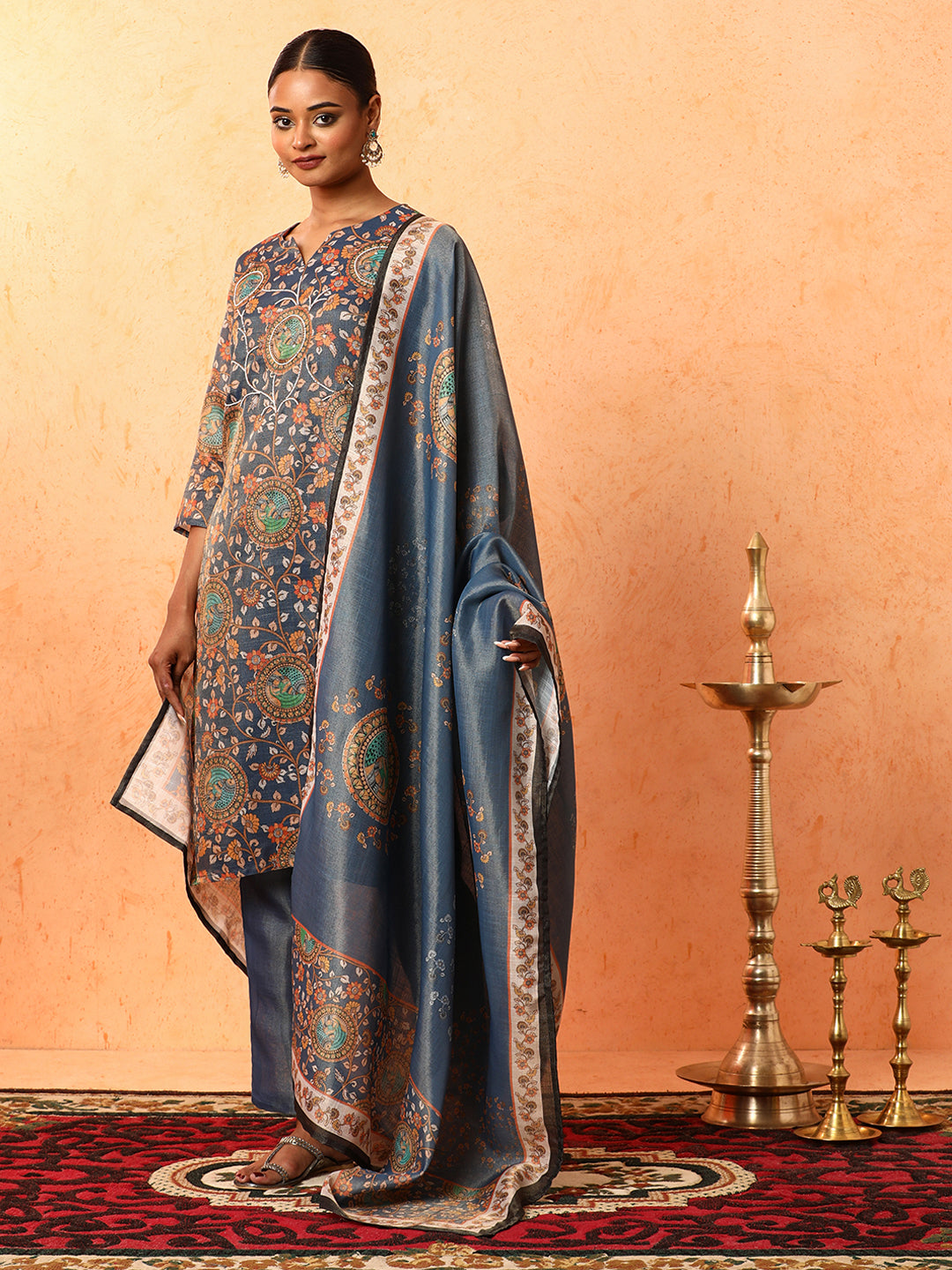Floral Embroidered A-Line Silk Blend Kurta & Trousers Sets