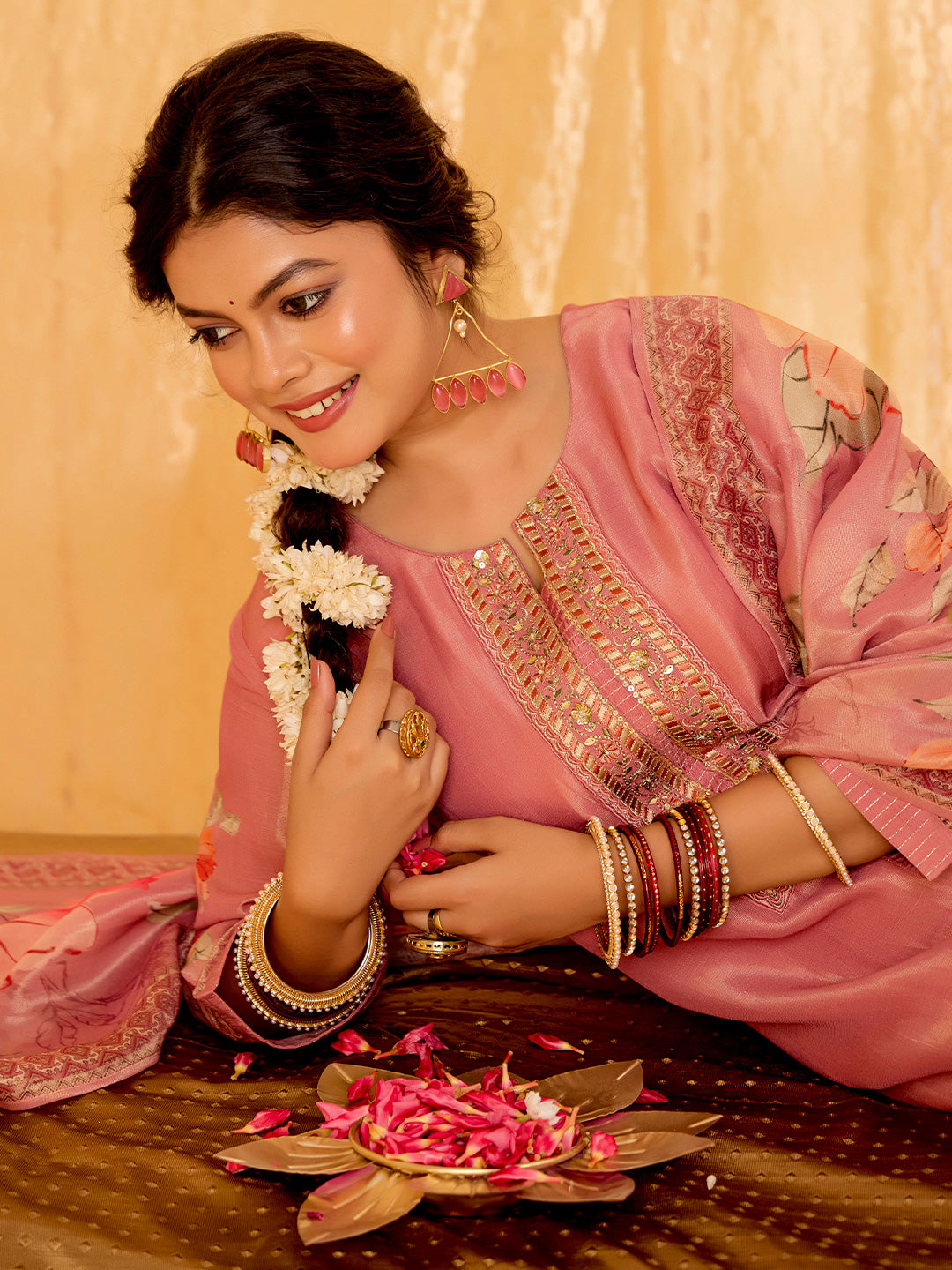 Floral Embroidered Straight Tissue Kurta & Trousers Sets