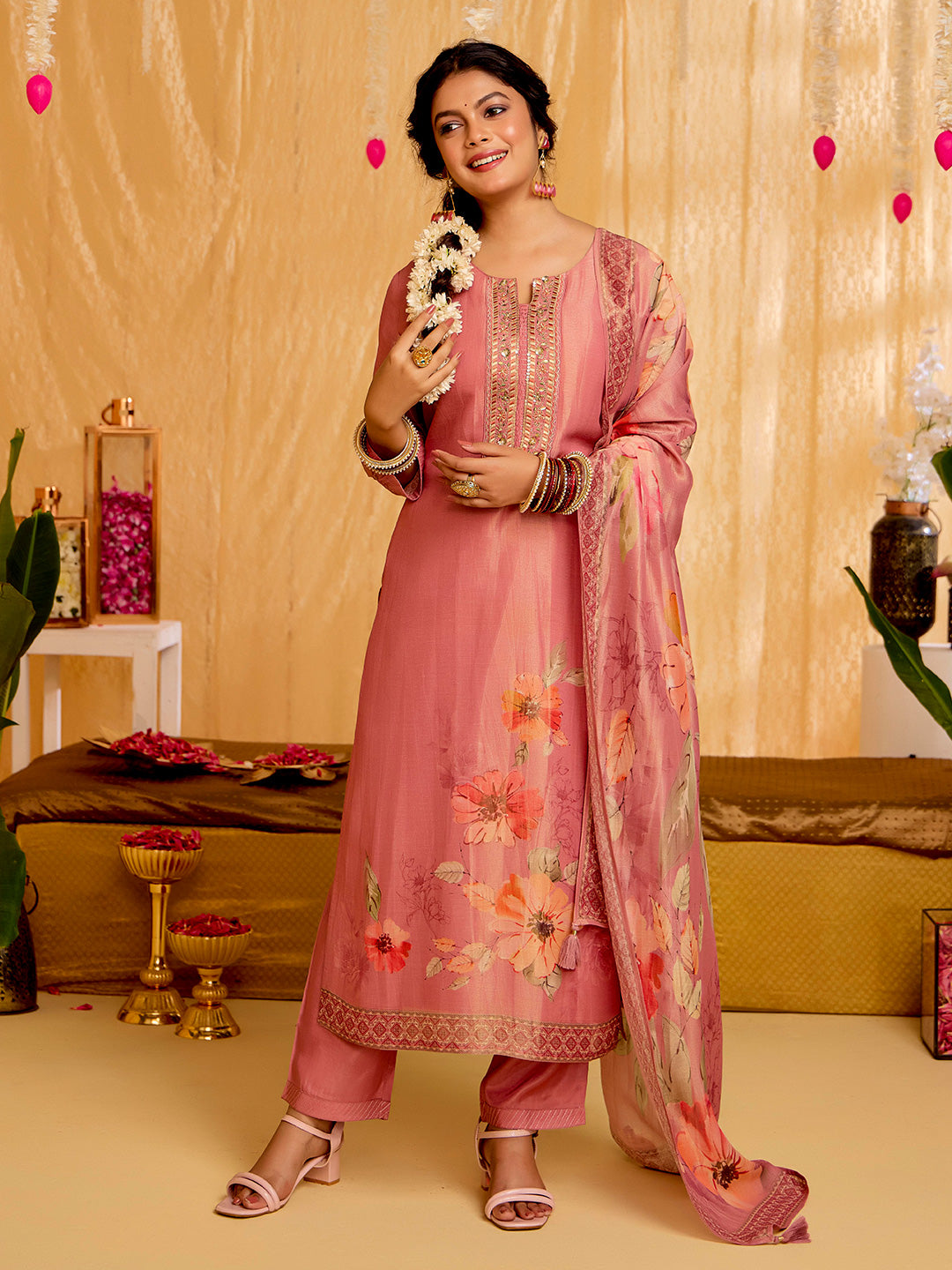 Floral Embroidered Straight Tissue Kurta & Trousers Sets